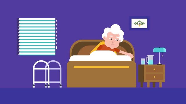 Sick elderly man resting in bed animation, healthcare and illness recovery concept with home care and medical support theme