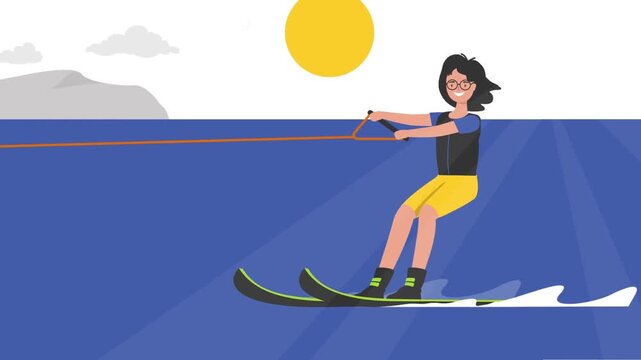 Woman water skiing on lake animation, summer sport and adventure activity concept with outdoor recreation and fun lifestyle