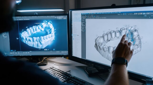 Closeup of CAD interface showing an onlay restoration being shaped with technicians hand adjusting 3D model on dual screen setup and blurred surroundings.