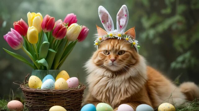 Cat wearing bunny ears with Easter eggs and tulips in garden  