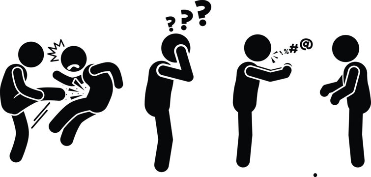 Stick figures depicting aggressive physical conflict and verbal confrontation alongside confusion and mental frustration