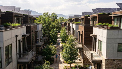 Fototapeta premium Contemporary Townhouse Courtyard in Boulder With Solar Equipped Roof Terraces and Shaded Pedestrian Paths, Urban Housing, Sustainable Residential Architecture