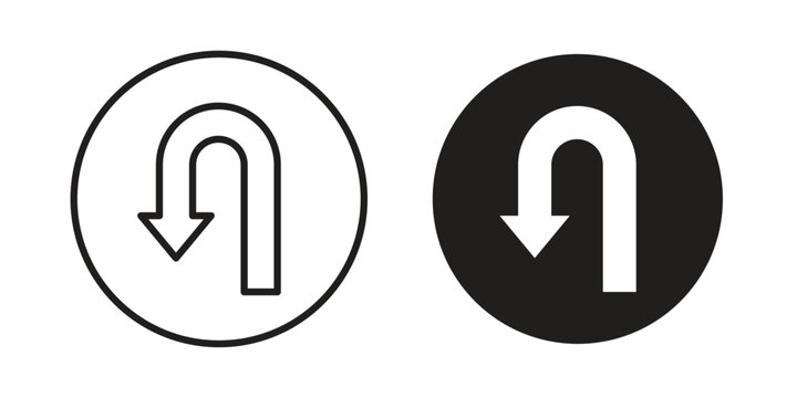 U turn icon clipart symbol isolated on white background. Flat and stroke designs.