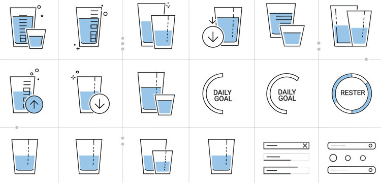 Water tracking icons set with glass levels daily goal hydration reminder UI elements healthy lifestyle vector collection