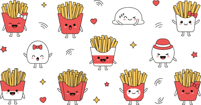 Cute french fries characters seamless pattern with kawaii food mascots smiling cartoon snack vector illustration