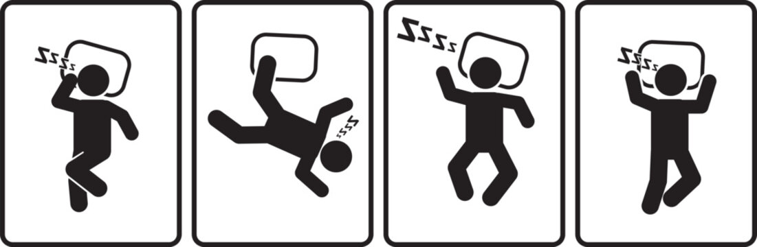 Four simple black icons representing different sleeping positions of a person in bed