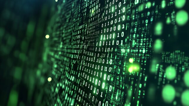 A close-up view of a digital screen displaying green binary code in a dark background