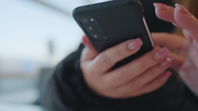 Closeup hands holding smartphone near window light, young woman scrolling messages with manicured nails, black jacket, blurred city background, gentle taps and swipes, intimate urban portrait, natural