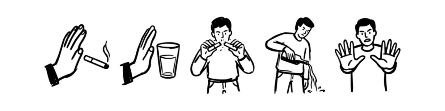 Hand-drawn line art illustrations depicting addiction recovery, quitting smoking, and stopping drinking. Minimalist sketches of healthy choices, willpower, and saying no to bad habits.