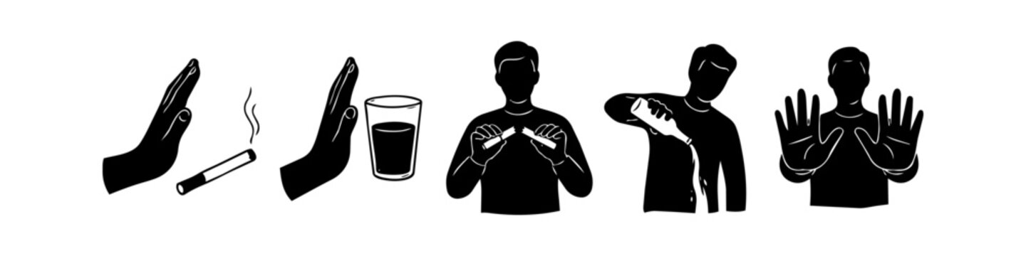 Set of black and white icons representing quitting bad habits like smoking and alcohol consumption, promoting a healthy lifestyle and sobriety through various gestures and actions.