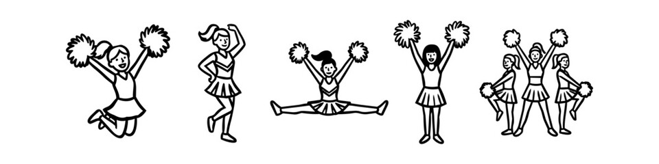 Obraz premium Set of minimalist cheerleader line art illustrations featuring girls jumping, dancing, and doing splits. Energetic black and white icons for school spirit, sports, and team celebration themes.