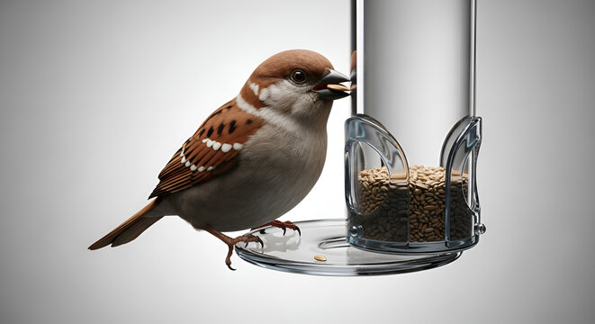 Close up of a sparrow eating birdseed from a metal and glass feeder on a plain background, natural bird photography