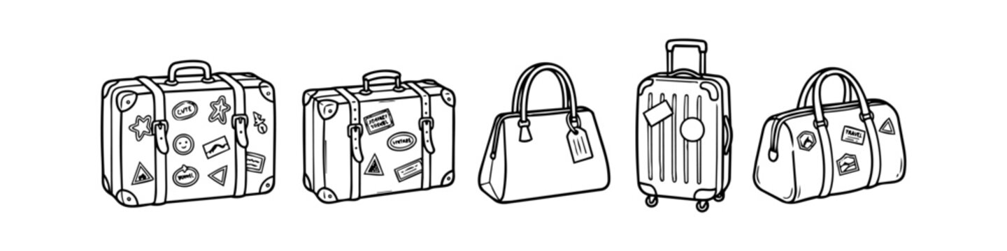 Hand-drawn vector set of various travel bags and suitcases with stickers. Includes vintage luggage, modern trolley, handbag, and duffel bag. Sketch doodle style on white background.