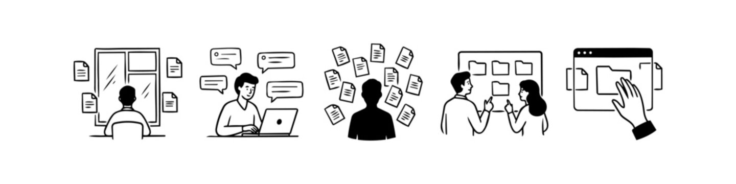 Set of hand-drawn doodle illustrations representing business productivity, document management, digital collaboration, and office workflow on a white background.