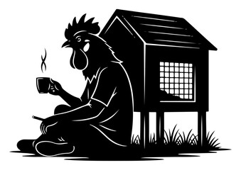 Rooster leaning against chicken coop drinking coffee and smoking in minimalist vector style © Aurora