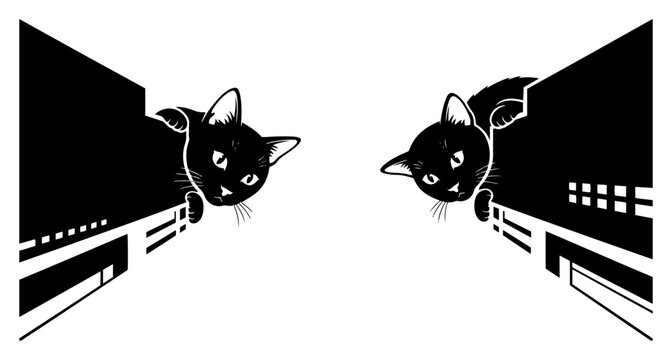 Giant cat peering over building rooftops in urban landscape perspective in black and white vector style