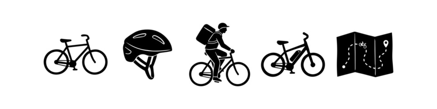 Set of black vector icons related to cycling and bike delivery, including a bicycle, helmet, courier riding a bike, e-bike, and a navigation map. Isolated on a white background.