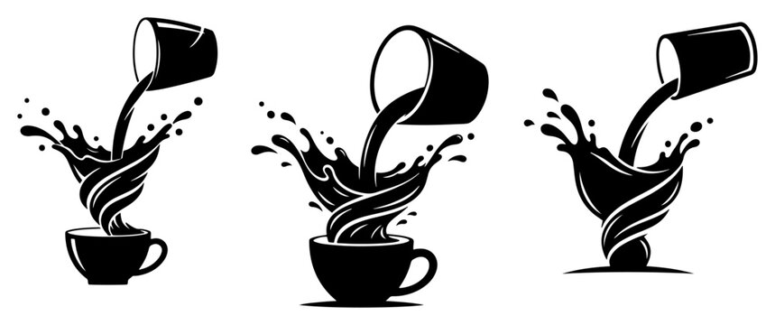 Coffee pouring into cup with liquid splash and swirl effect in black and white vector style
