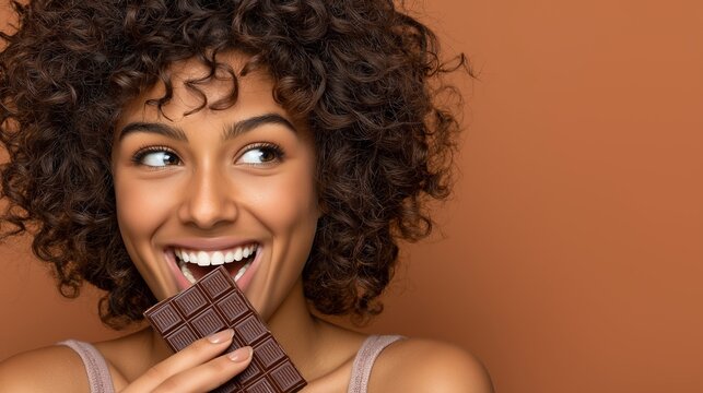 Indulge in pure delight: a joyful young woman with beautiful curly hair biting into a rich dark chocolate bar, perfect for gourmet confectionery branding and lifestyle advertisements.