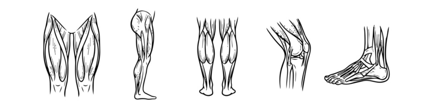 Anatomical line art of human leg muscles, knee joints, and foot bones. Hand-drawn sketches showing various perspectives of the muscular and skeletal system for medical or educational use.