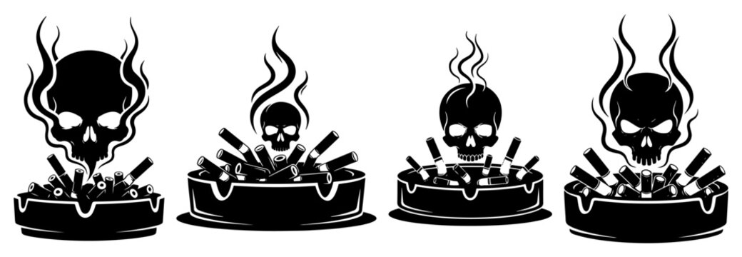 Smoking addiction represented by skull smoke rising from ashtrays silhouette vector