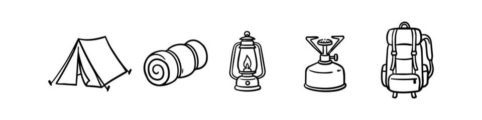 Set of camping and hiking equipment icons in a hand-drawn minimalist line art style. Includes tent, mat, lantern, stove, and backpack. Great for outdoor adventure and travel themes. © Trends