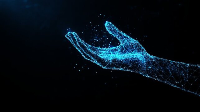A glowing blue hand made of tiny particles and lines extends outward against a dark background