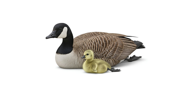 Canada goose adult and gosling resting together on a white background, symbolizing family and nature, with detailed feathers and soft lighting