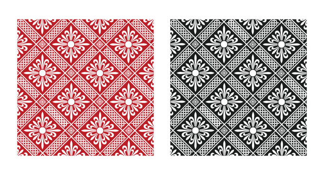 Set of seamless geometric patterns featuring vintage Thai ethnic ornaments and traditional textile textures for retro vector wallpaper design