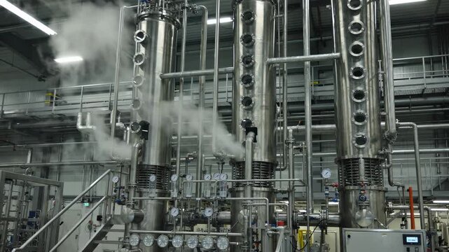 Medium shot of a continuous solvent recovery distillation unit showing steady operation as columns separate solvents for efficient recycling in an industrial setting.