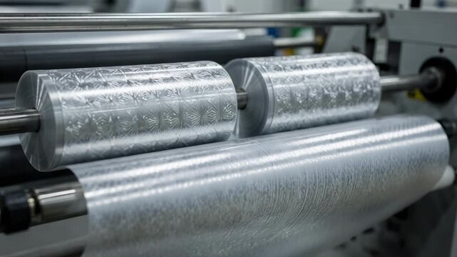 Medium shot of patterned rolls applying an embossed matte texture onto plastic films highlighting industrial surface finishing with a smooth subtle finish for packaging materials.