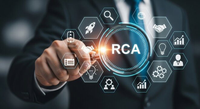 Businessman touching a digital screen displaying rca and related business icons with root cause, analysis