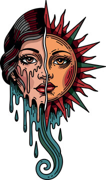 A vibrant illustration of a melting sun and moon face on transparent background