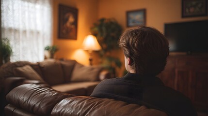 Obraz premium A solitary figure rests on a plush sofa enjoying the warm ambiance of a modern dimly lit living room
