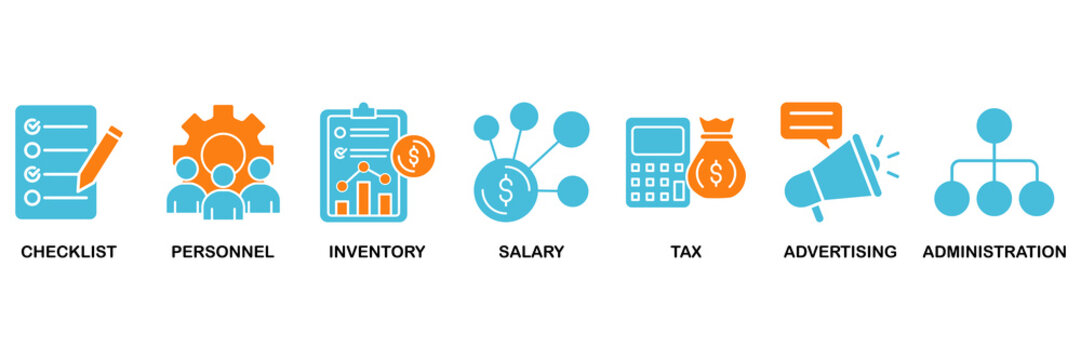 Cost reduction icon set Aqua Orange Flat concept for checklist, personnel, inventory, salary, tax, advertising and administration