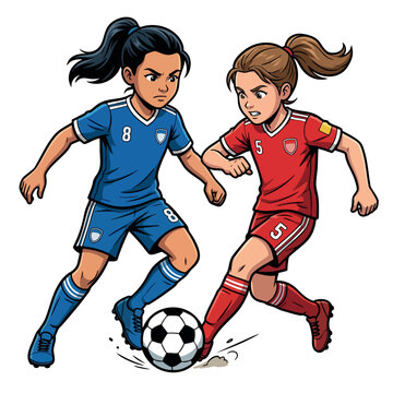 Two young girls competing for soccer ball. Jugadoras de f&uacute;tbol femenino