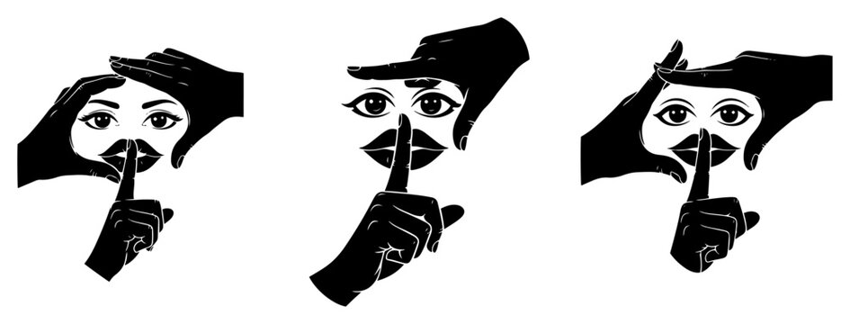 Secret society eye symbol with finger over mouth for silence and conspiracy concepts in black and white vector style