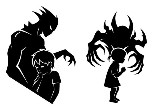 Children silhouettes haunted by scary shadow monsters representing childhood fears and trauma in black and white vector style