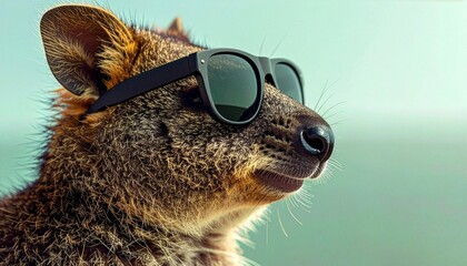 Obraz premium Close up portrait of a cool brown sloth wearing sunglasses on a vibrant turquoise background for summer fashion and funny animal character branding welder silhouette AI Generative 