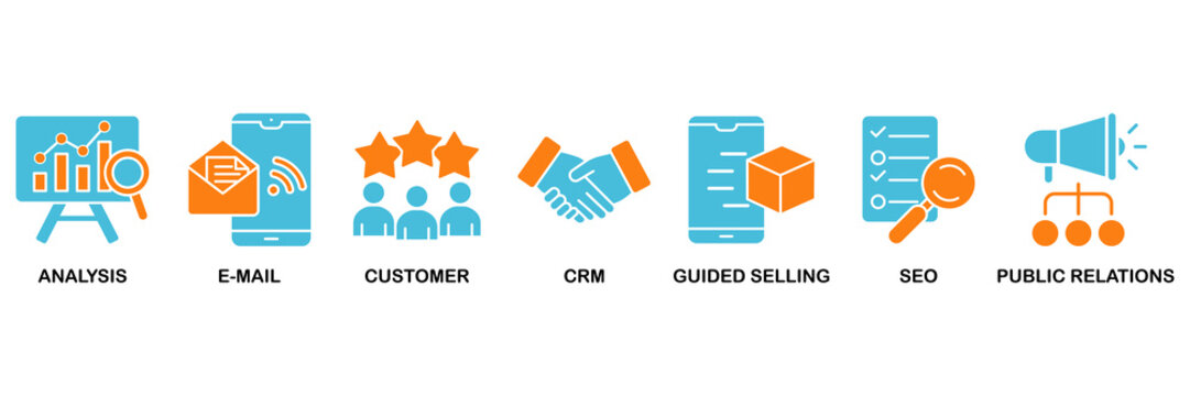 Inbound marketing icon set Aqua Orange Flat concept for analysis, email, customer, crm, guided selling, seo and public relations