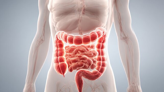 Close-up of the human duodenum with a transparent overlay on a neutral background