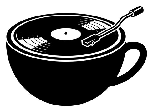 Coffee cup with vinyl record and turntable needle representing music culture in black and white vector style