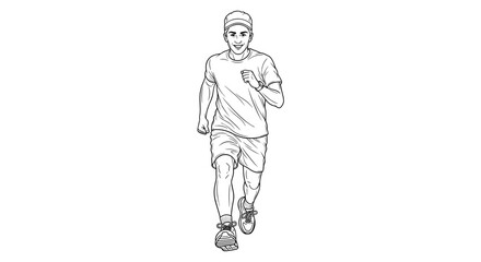 Obraz premium A focused man dressed in athletic wear, including a cap, is steadily jogging or running towards the viewer with determination and stamina.
