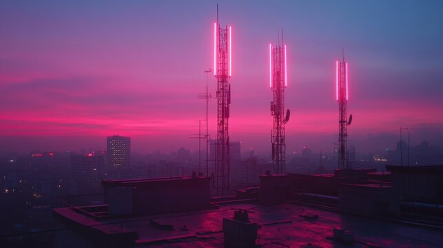 Rooftop 5G towers emitting neon signal beams