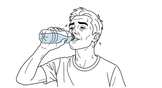 A thirsty and sweaty man takes a refreshing gulp of water from a plastic bottle after an intense workout or physical activity.