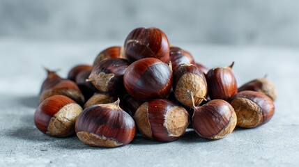 Obraz premium Sweet chestnuts, roasted and ready to eat, rest on a light grey table in a picture meant for your words.