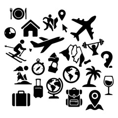 Obraz premium Dynamic collection of essential vector travel and leisure icons, illustrating vacation, adventure, recreation, and global exploration concepts for various design projects