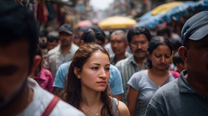 Obraz premium A candid moment capturing the diverse energy and movement of people navigating a bustling outdoor market street