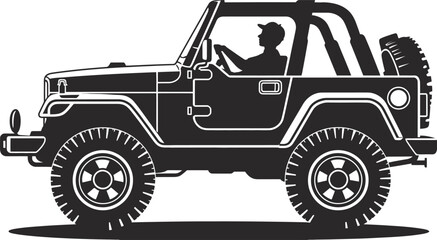 Off road jeep vehicle silhouette with driver isolated on white background, adventure travel transportation concept vector illustration rugged design style © Antara