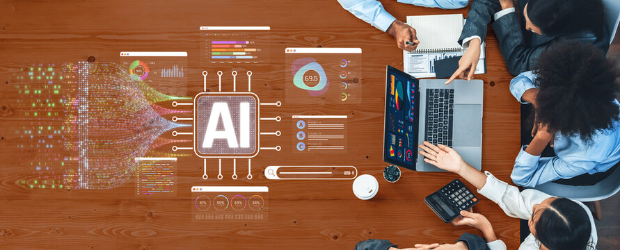 Diverse team collaborating on artificial intelligence project with charts, laptop, data visualization, and digital interface on wooden table Sigmoid